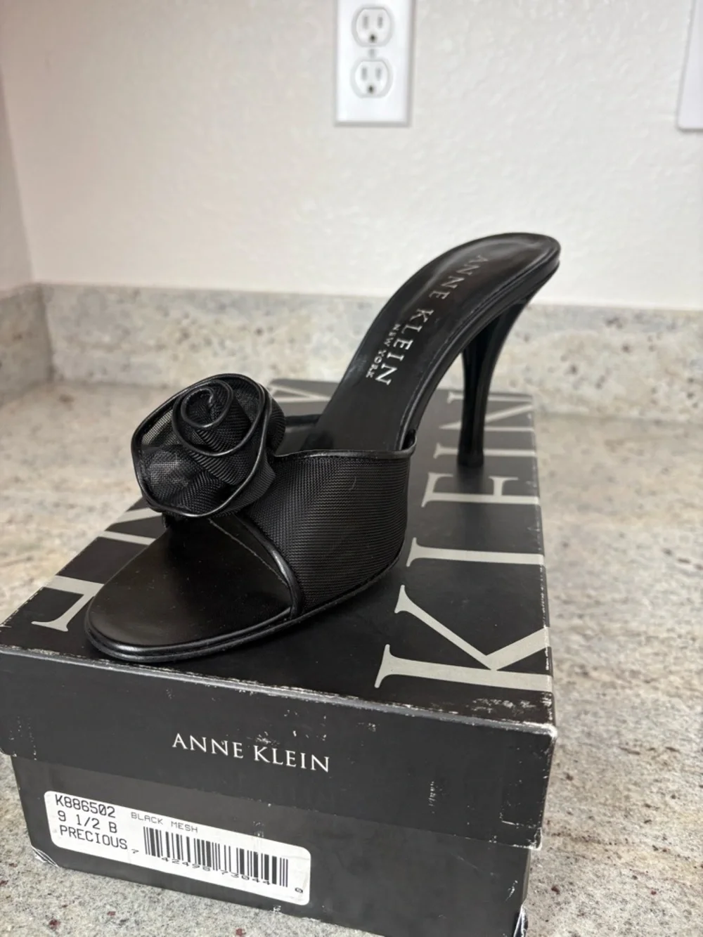 Anne Klein Black Rosette Mesh Slide Heel